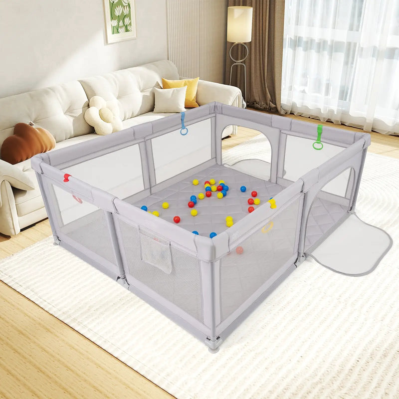 Large Baby Playpen with Pull Rings and Ocean Balls-Gray by DirectDeals