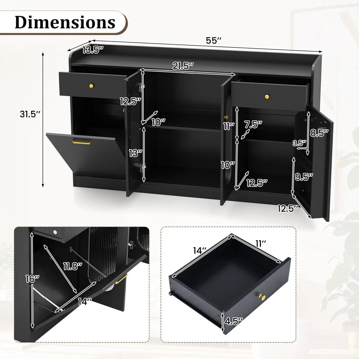 Large Buffet Cabinet Hidden Tilt Out Trash Can Cabinet with 2 Glass Doors, photo 5 of 16