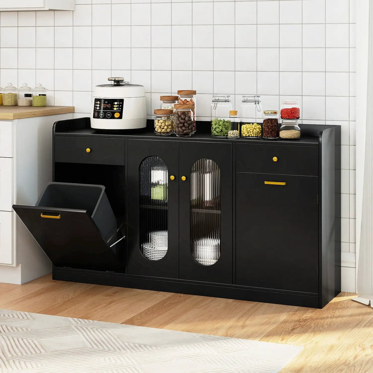 Large Buffet Cabinet Hidden Tilt Out Trash Can Cabinet with 2 Glass Doors, photo 3 of 16
