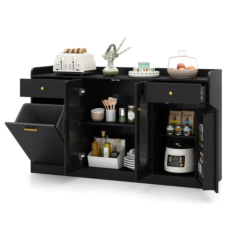 Large Buffet Cabinet Hidden Tilt Out Trash Can Cabinet with 2 Glass Doors by DirectDeals