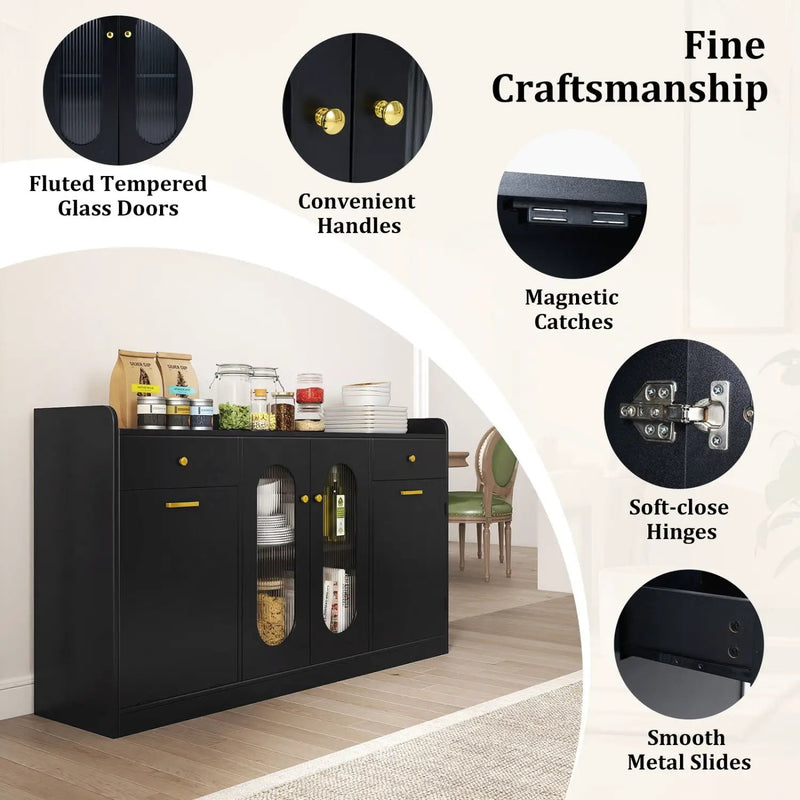 Large Buffet Cabinet Hidden Tilt Out Trash Can Cabinet with 2 Glass Doors by DirectDeals