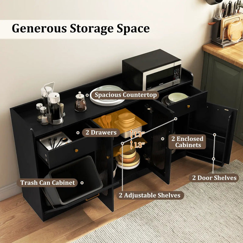 Large Buffet Cabinet Hidden Tilt Out Trash Can Cabinet with 2 Glass Doors by DirectDeals
