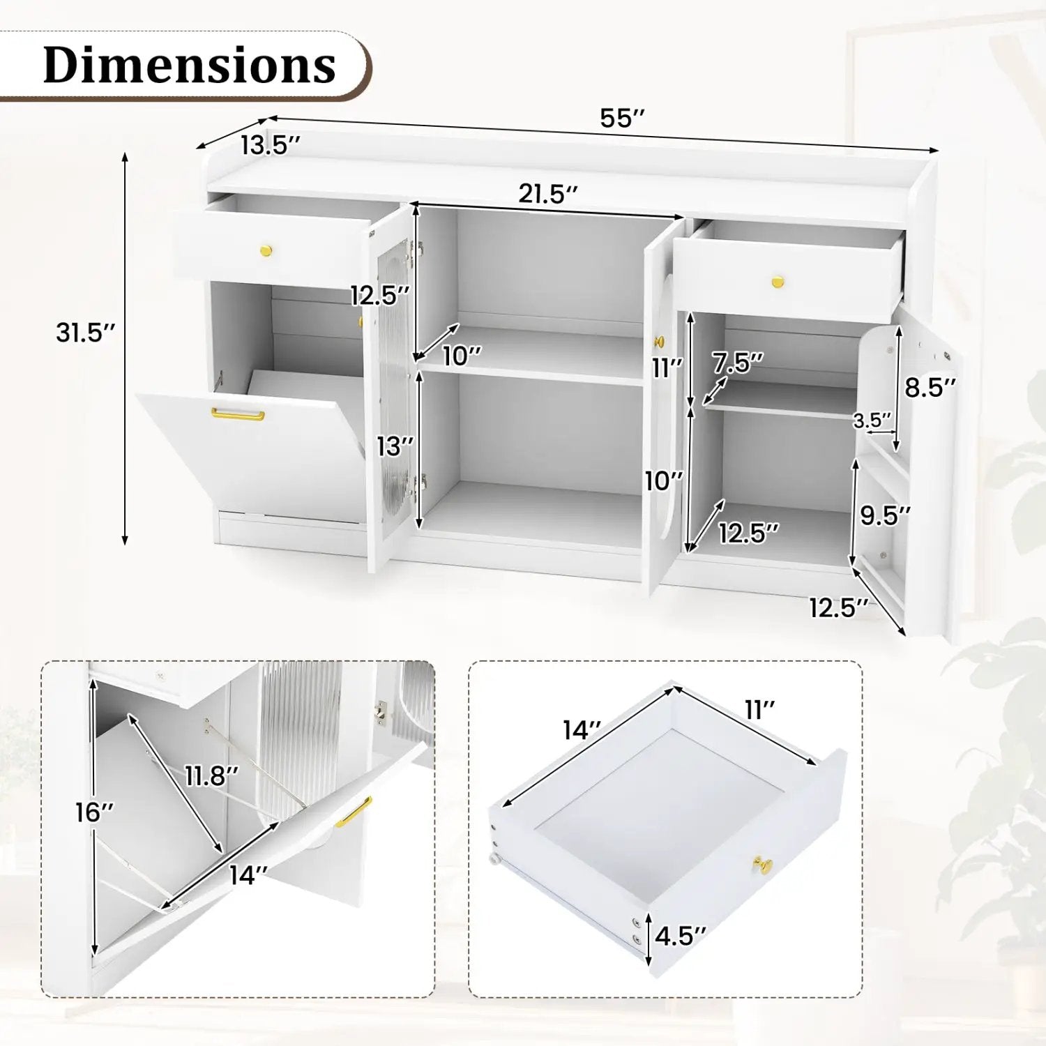 Large Buffet Cabinet Hidden Tilt Out Trash Can Cabinet with 2 Glass Doors by DirectDeals