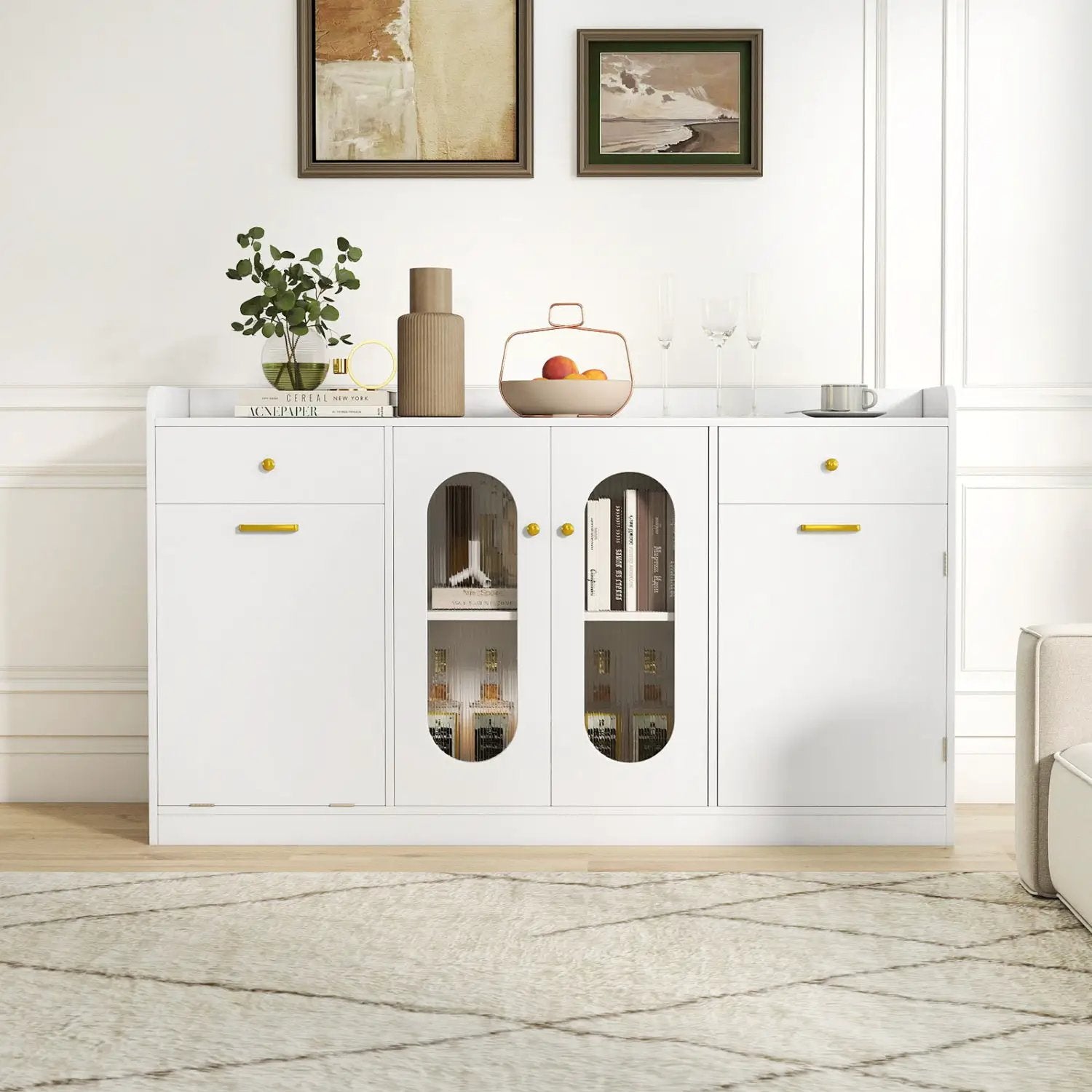 Large Buffet Cabinet Hidden Tilt Out Trash Can Cabinet with 2 Glass Doors by DirectDeals