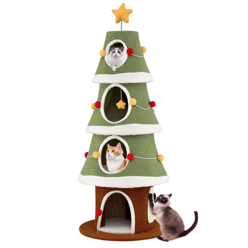 Large Christmas Cat Tree for Indoor Cats 61 Inch Cute Cat Tower with 4 Condos-Green by DirectDeals