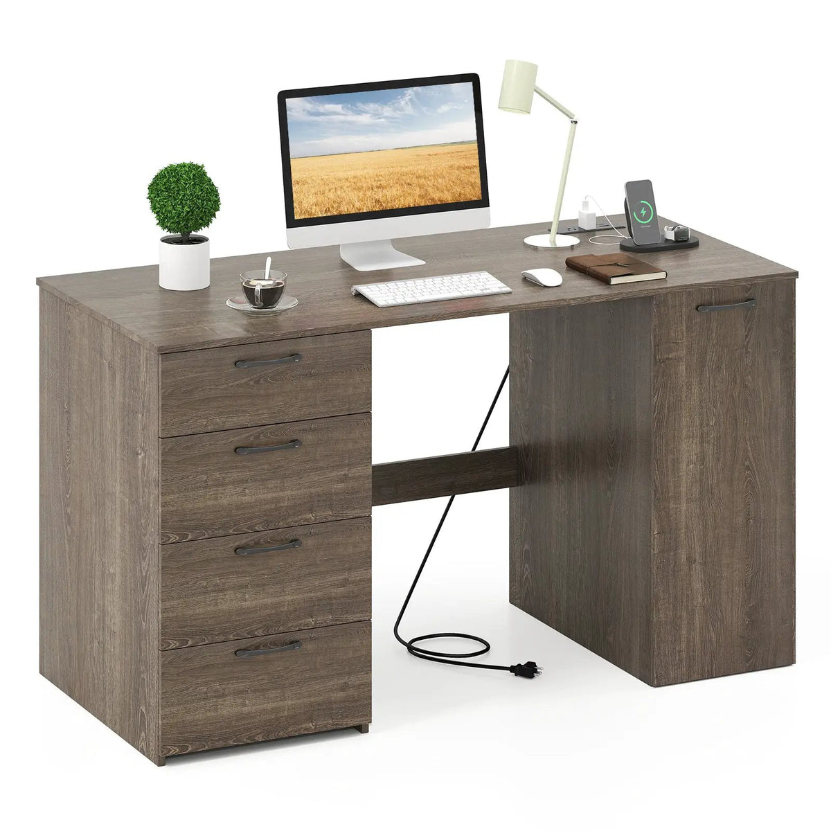 53 Inches Computer Desk with Power Outlets and 4 Storage Drawers, photo 4 of 9