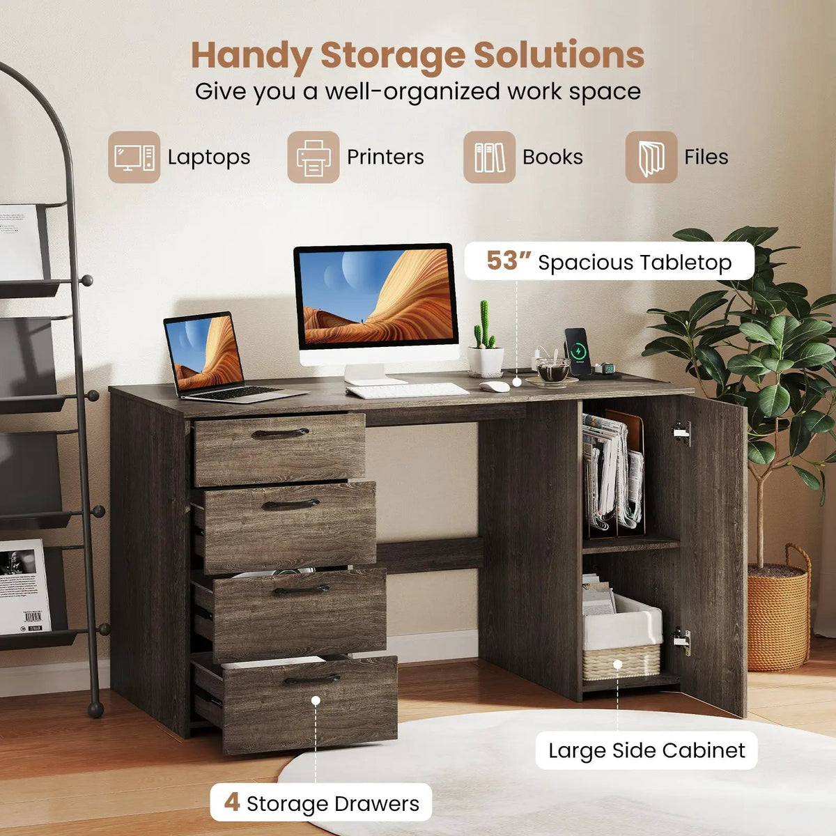 53 Inches Computer Desk with Power Outlets and 4 Storage Drawers, photo 8 of 9