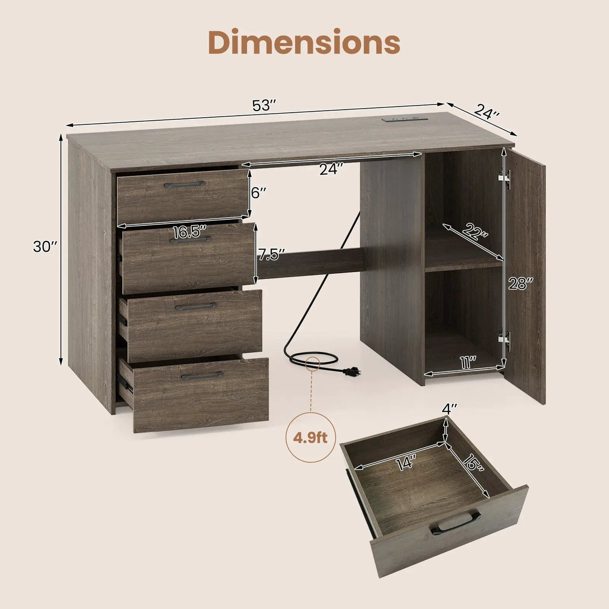53 Inches Computer Desk with Power Outlets and 4 Storage Drawers, photo 5 of 9
