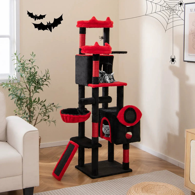 Large Gothic Cat Tree with Cat Condos and Plush Perches-Black & Red by DirectDeals