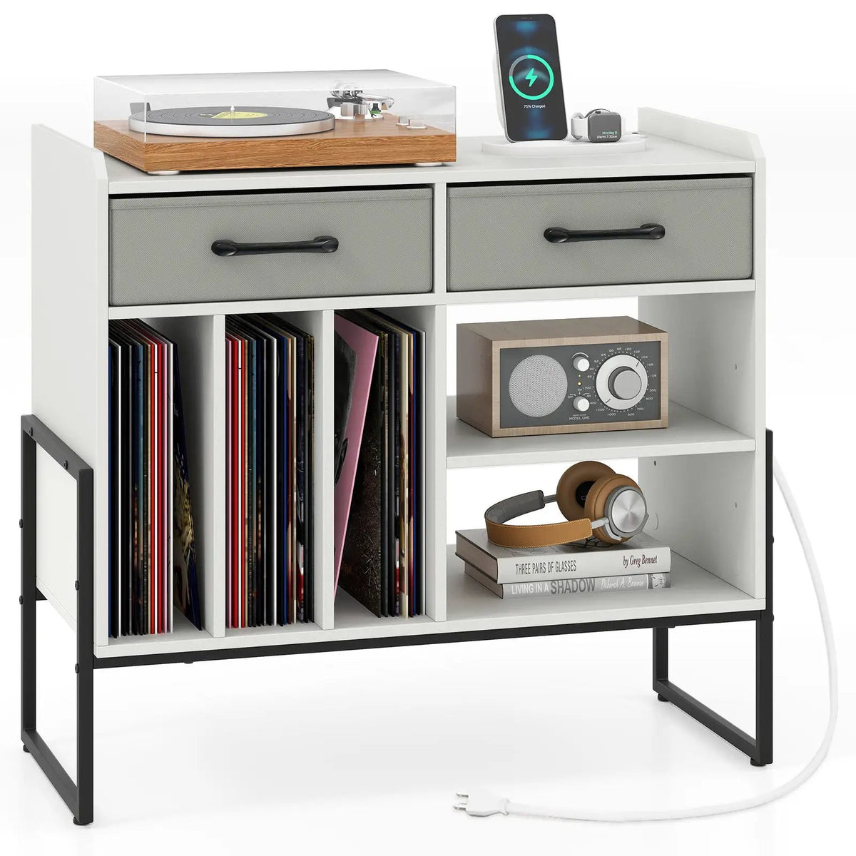 Large Record Player Stand with Charging Station Mid Century Modern Vinyl Storage Cabinet, photo 10 of 24