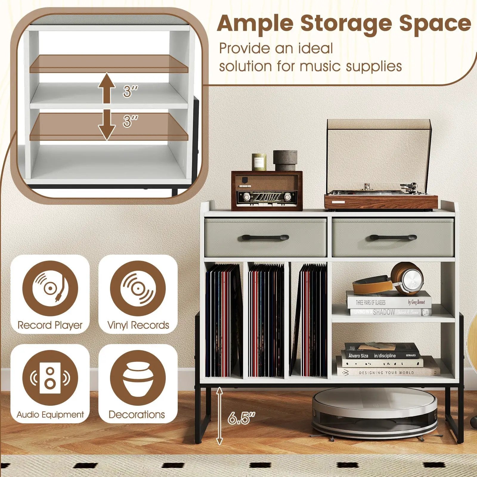 Large Record Player Stand with Charging Station Mid Century Modern Vinyl Storage Cabinet by DirectDeals