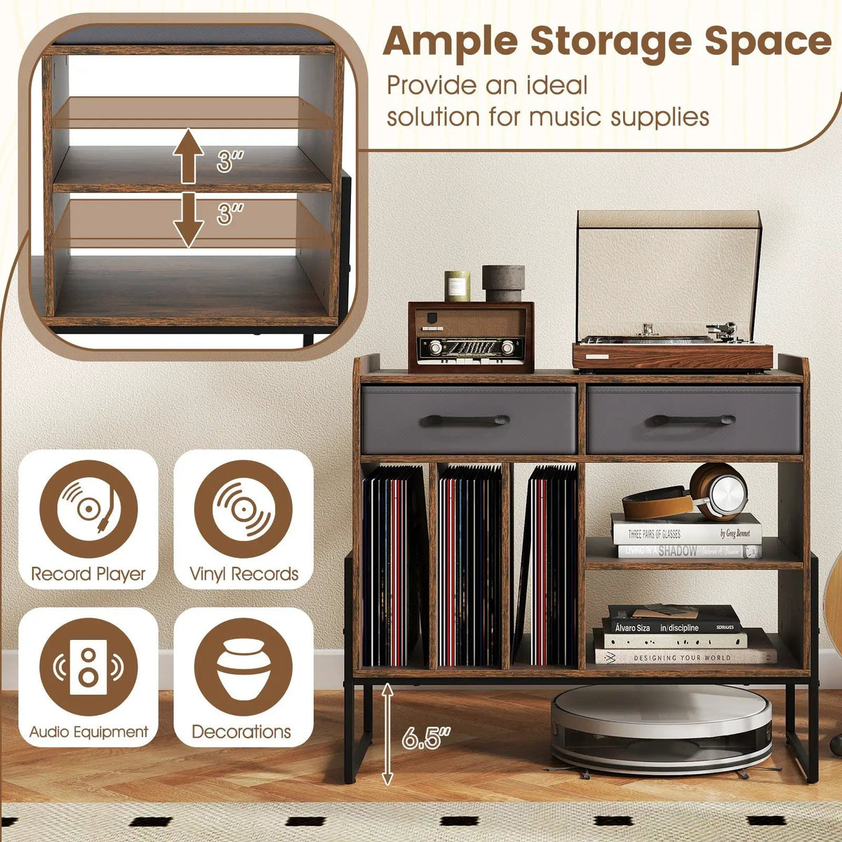Large Record Player Stand with Charging Station Mid Century Modern Vinyl Storage Cabinet, photo 22 of 24