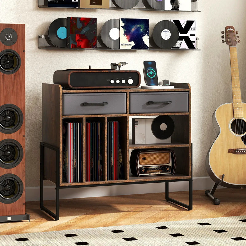 Large Record Player Stand with Charging Station Mid Century Modern Vinyl Storage Cabinet by DirectDeals