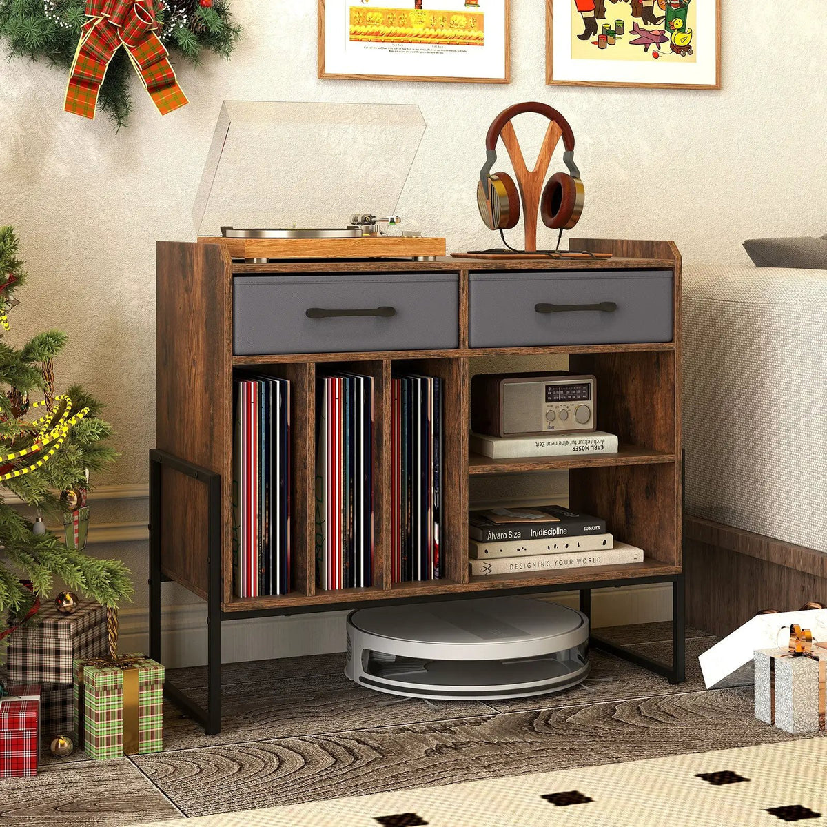 Large Record Player Stand with Charging Station Mid Century Modern Vinyl Storage Cabinet, photo 6 of 24
