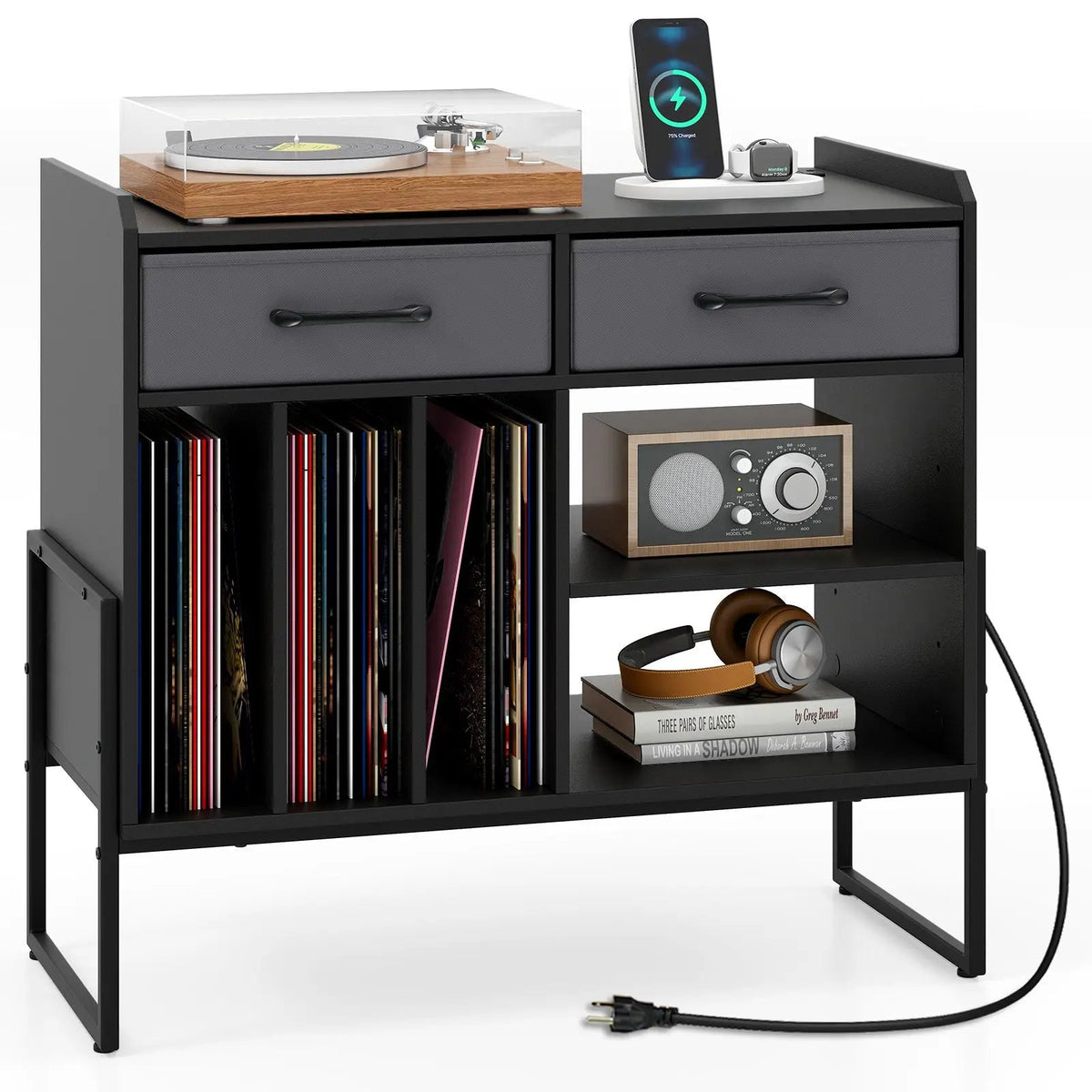 Large Record Player Stand with Charging Station Mid Century Modern Vinyl Storage Cabinet, photo 11 of 24