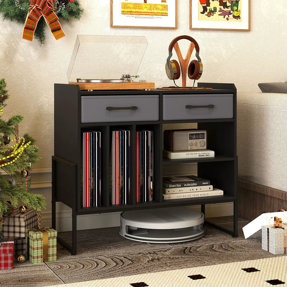 Large Record Player Stand with Charging Station Mid Century Modern Vinyl Storage Cabinet, photo 5 of 24