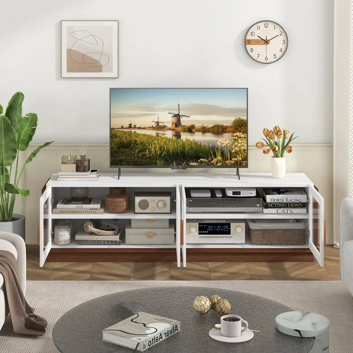 Large TV Stand for TVs up to 75 Inch with 4 Tempered Glass Doors for Living Room, photo 2 of 9