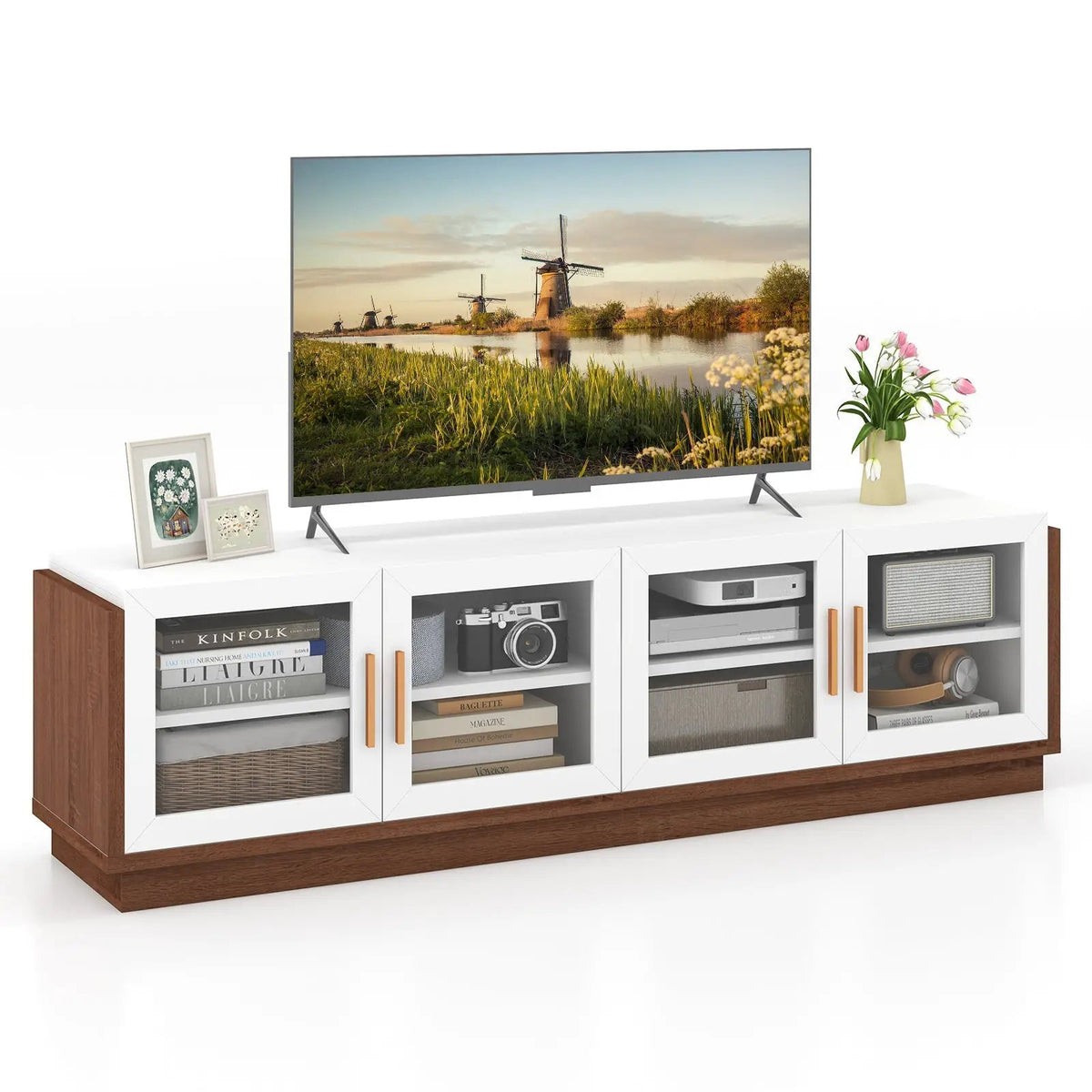 Large TV Stand for TVs up to 75 Inch with 4 Tempered Glass Doors for Living Room, photo 4 of 9