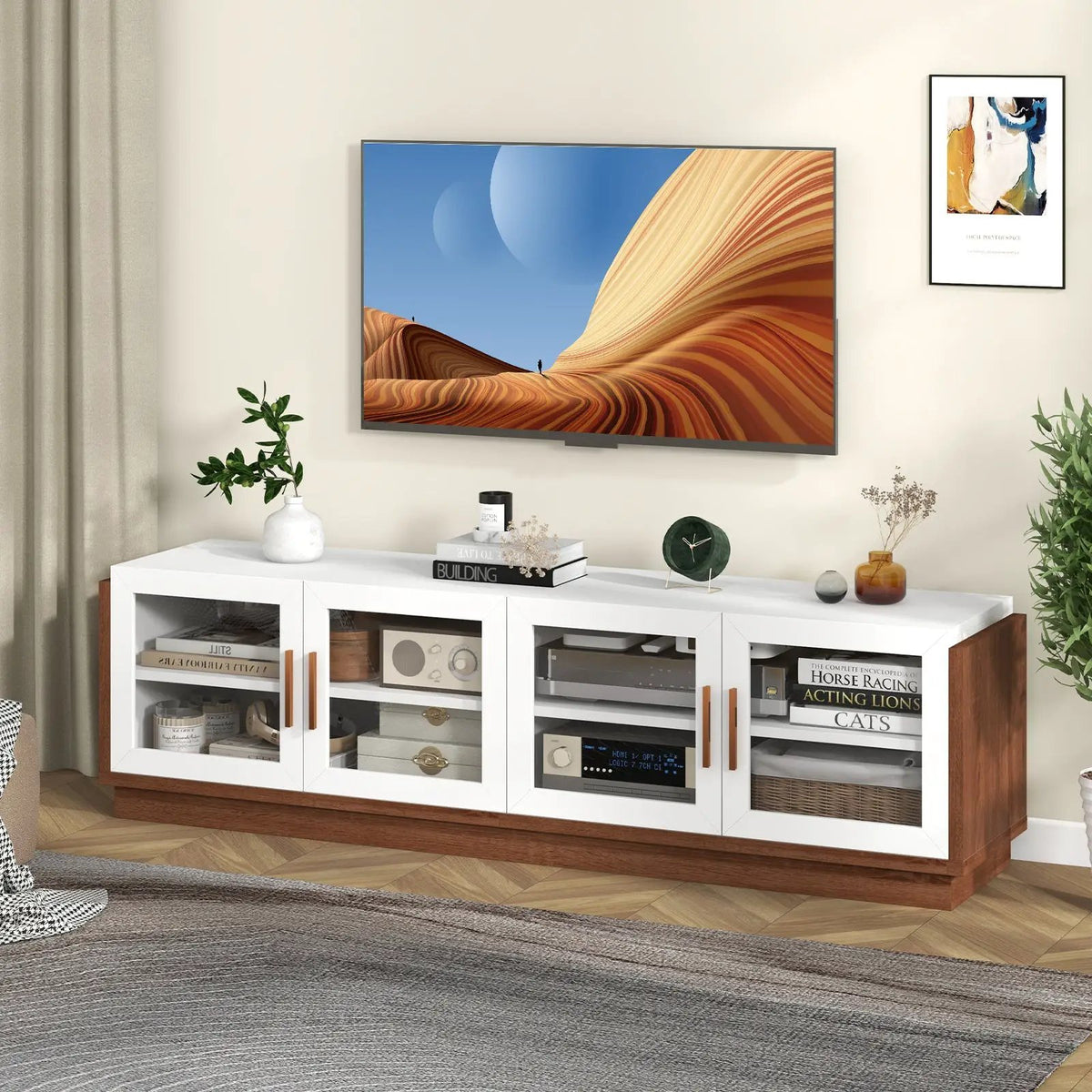 Large TV Stand for TVs up to 75 Inch with 4 Tempered Glass Doors for Living Room, photo 6 of 9