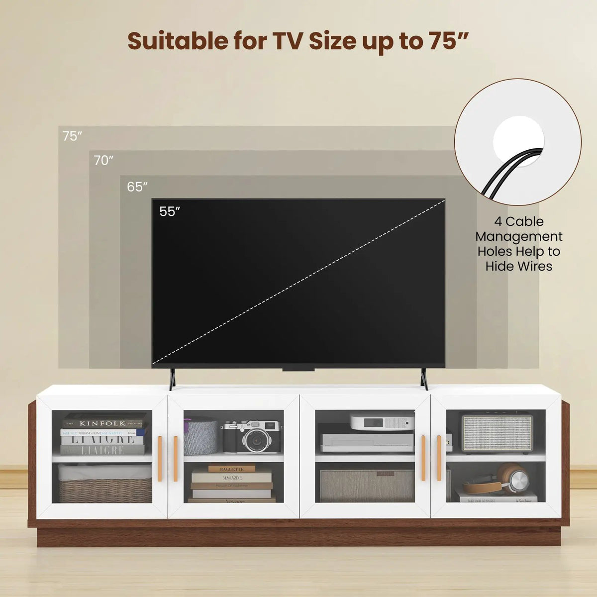 Large TV Stand for TVs up to 75 Inch with 4 Tempered Glass Doors for Living Room, photo 7 of 9