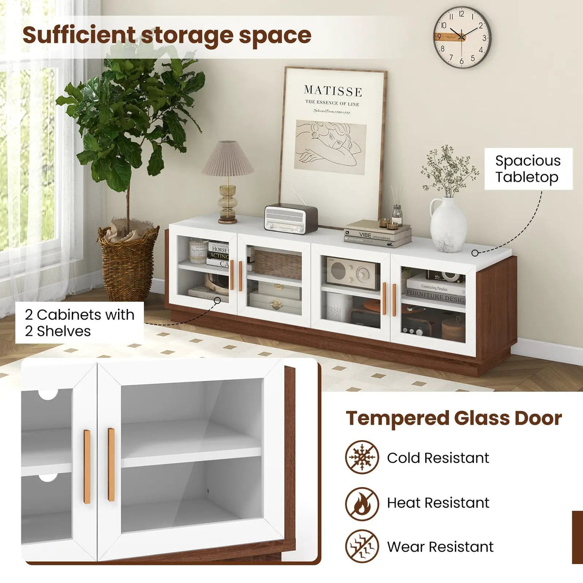 Large TV Stand for TVs up to 75 Inch with 4 Tempered Glass Doors for Living Room, photo 8 of 9