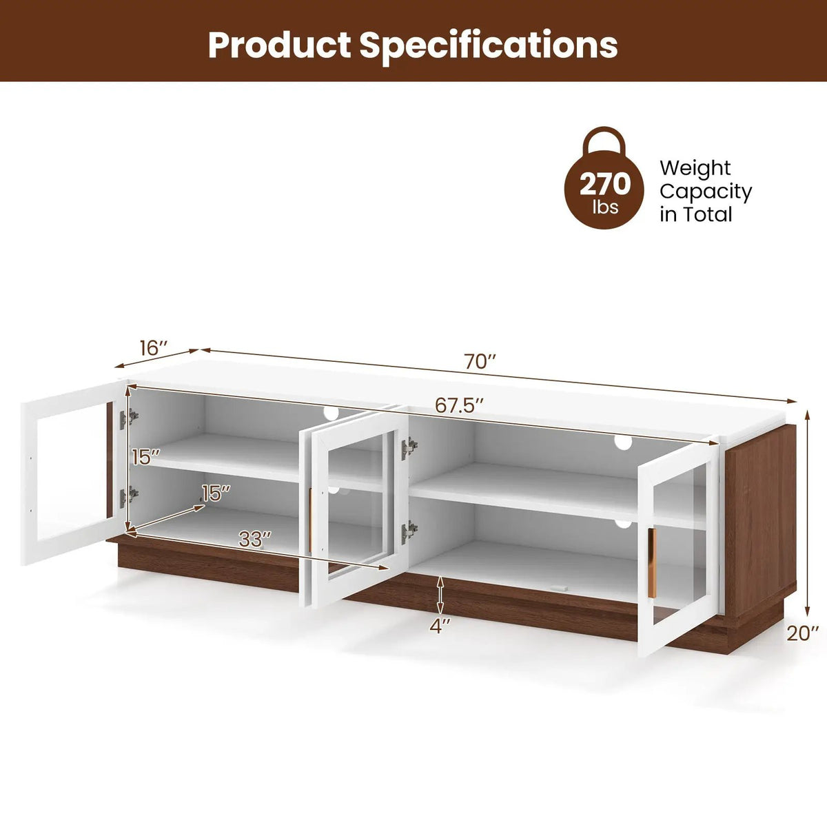 Large TV Stand for TVs up to 75 Inch with 4 Tempered Glass Doors for Living Room, photo 5 of 9