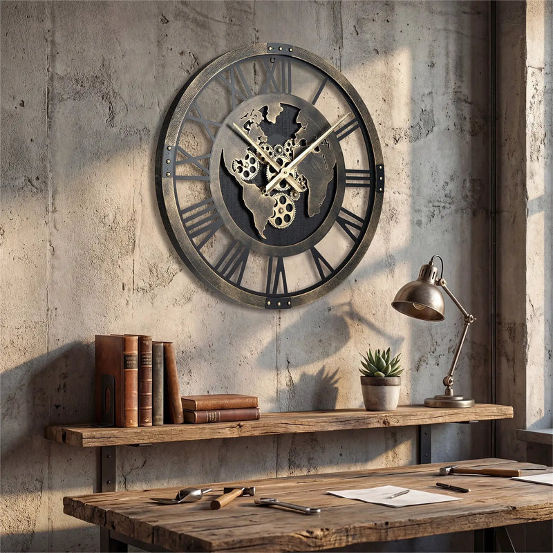 Large Wall Clock 27" Gear Clock with World Map-Brown by DirectDeals