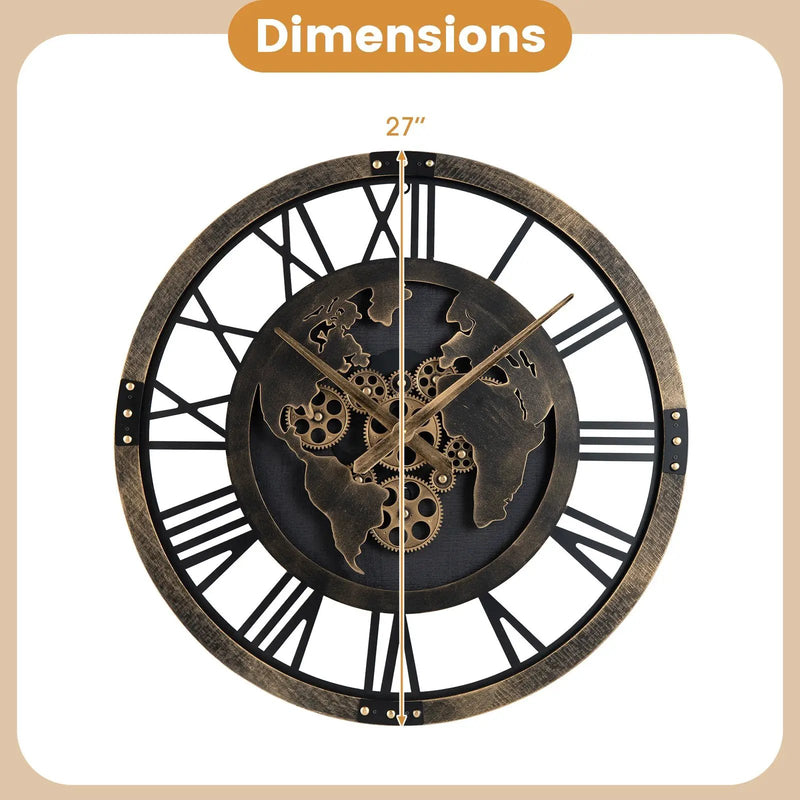 Large Wall Clock 27" Gear Clock with World Map-Brown by DirectDeals