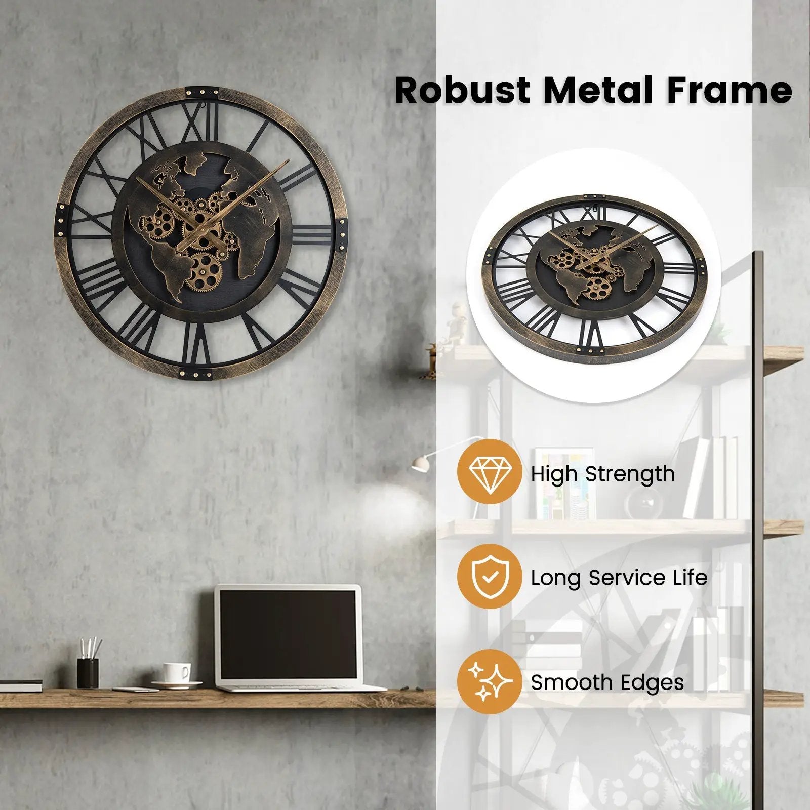 Large Wall Clock 27" Gear Clock with World Map-Brown by DirectDeals