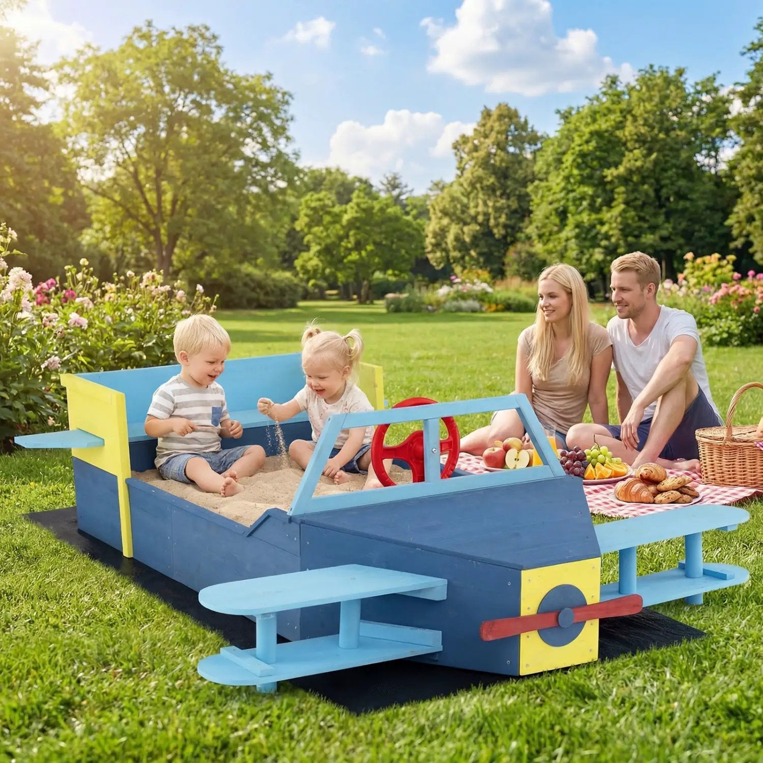 Large Wooden Kids Sandbox with Bottom Liner and Bench Seat by DirectDeals