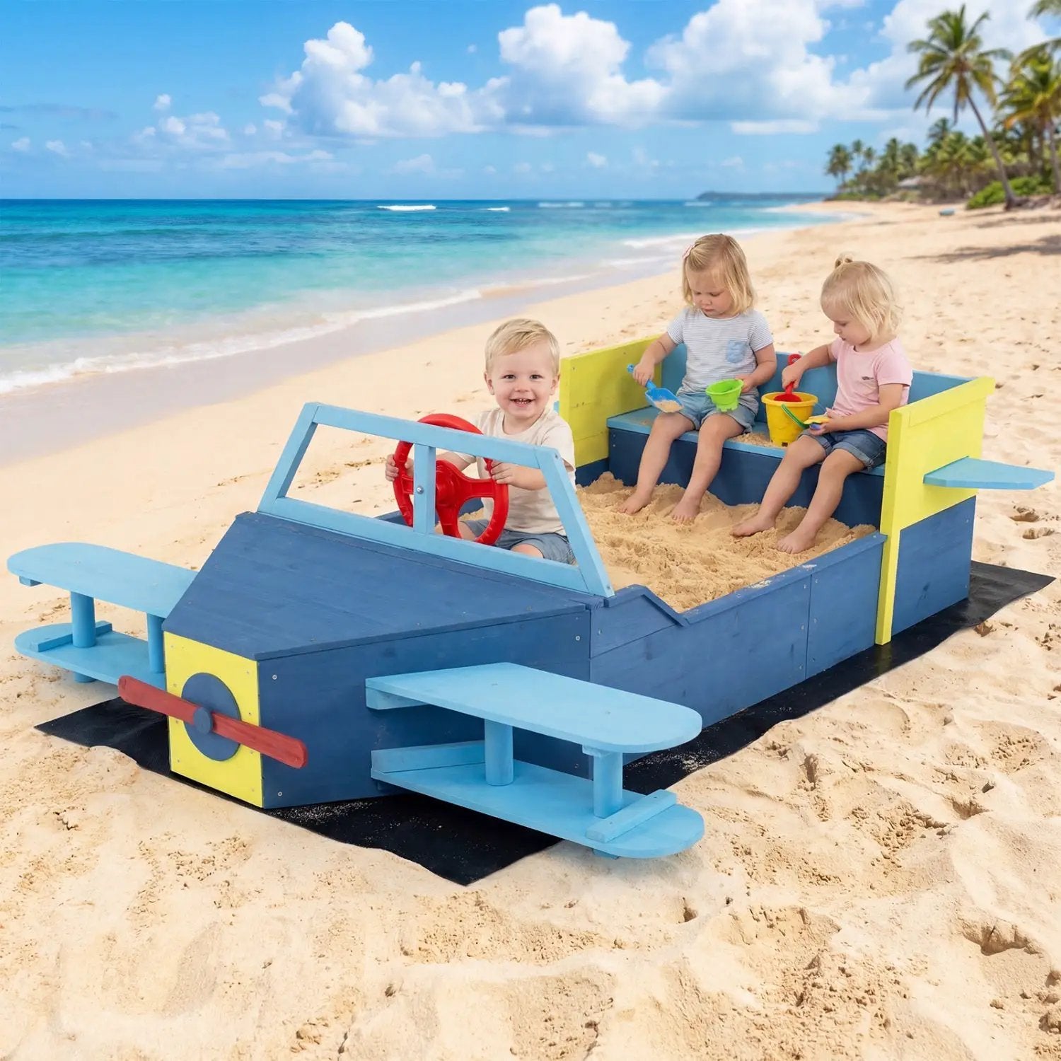 Wooden Airplane Sandbox with Bench Seat and Bottom Liner by DirectDeals