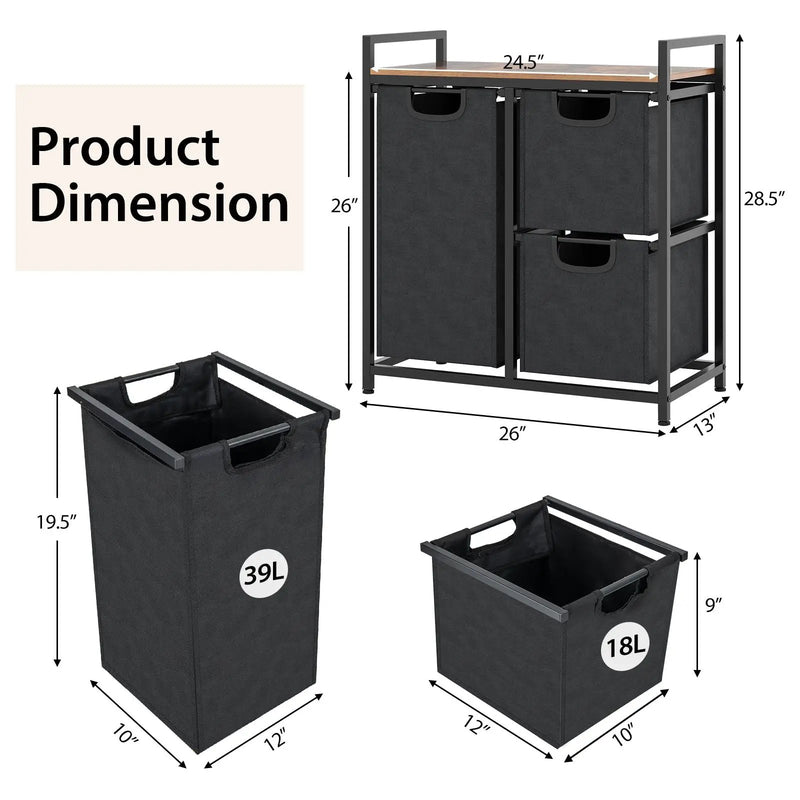 Laundry Basket Organizer Dirty Clothes Hamper with Shelf and 3 Removable Bags-Rustic Brown by DirectDeals