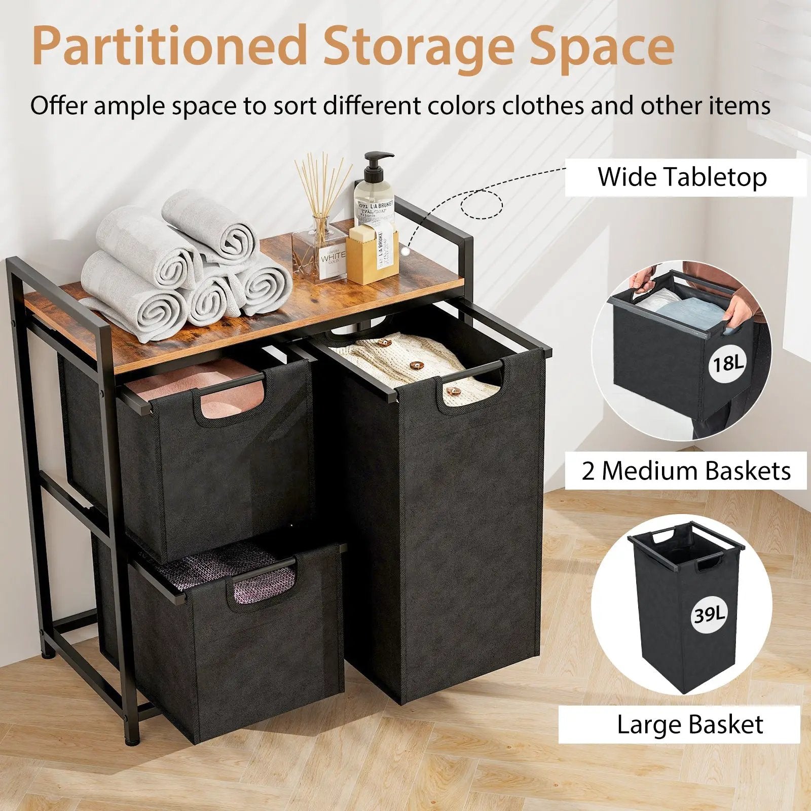 Laundry Basket Organizer Dirty Clothes Hamper with Shelf and 3 Removable Bags-Rustic Brown by DirectDeals
