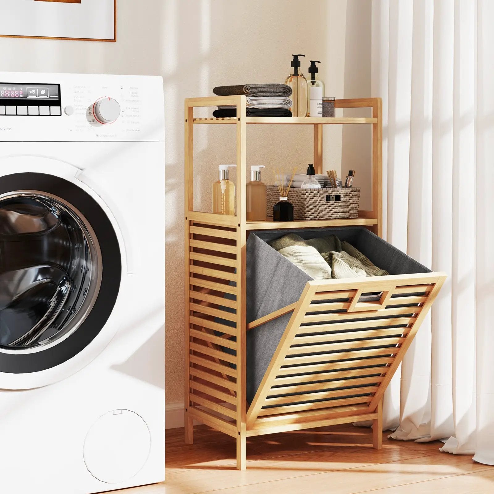 Bamboo Tilt out Laundry Hamper with Foldable and Removable Basket-Natural by DirectDeals