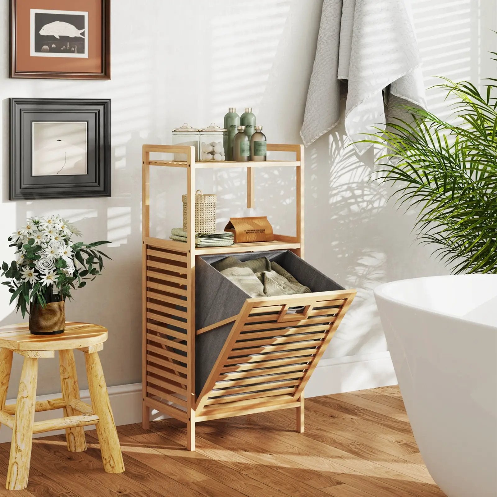 Bamboo Tilt out Laundry Hamper with Foldable and Removable Basket-Natural by DirectDeals