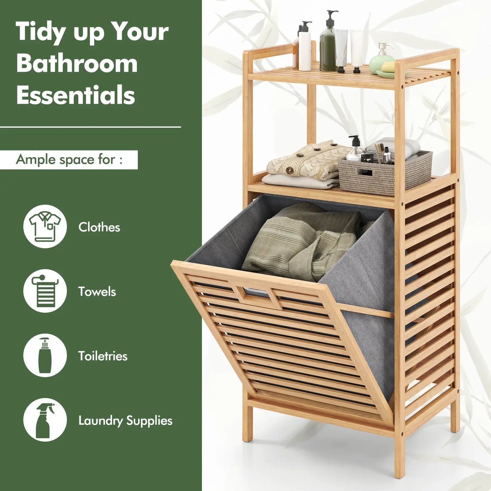 Bamboo Tilt out Laundry Hamper with Foldable and Removable Basket-Natural by DirectDeals