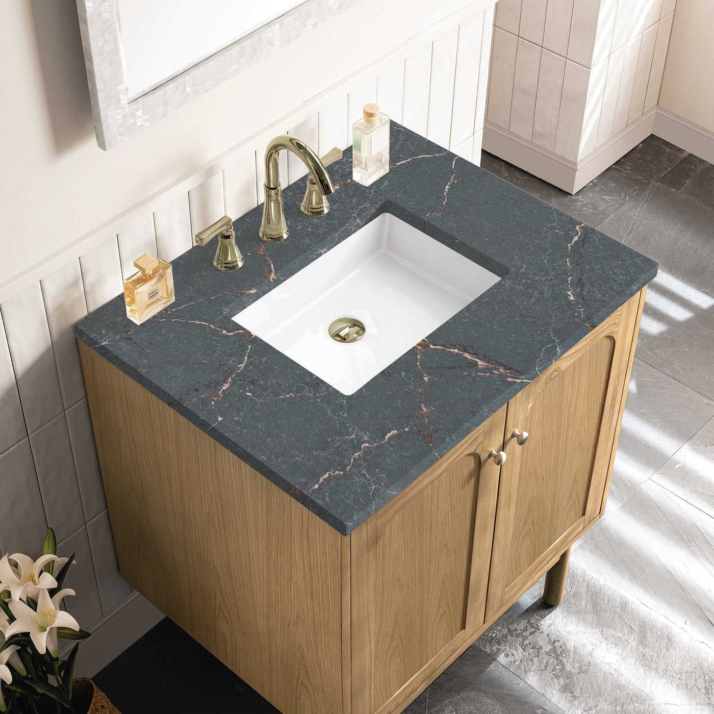 James Martin Laurent 30" Dual Mount Single Bathroom Vanity, Light Natural Oak with Parisien Bleu countertop
