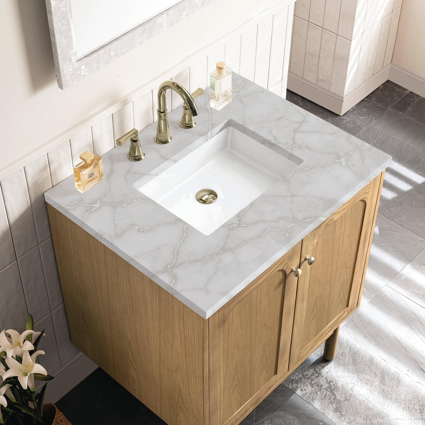 James Martin Laurent 30" Dual Mount Single Bathroom Vanity, Light Natural Oak with Victorian Silver countertop