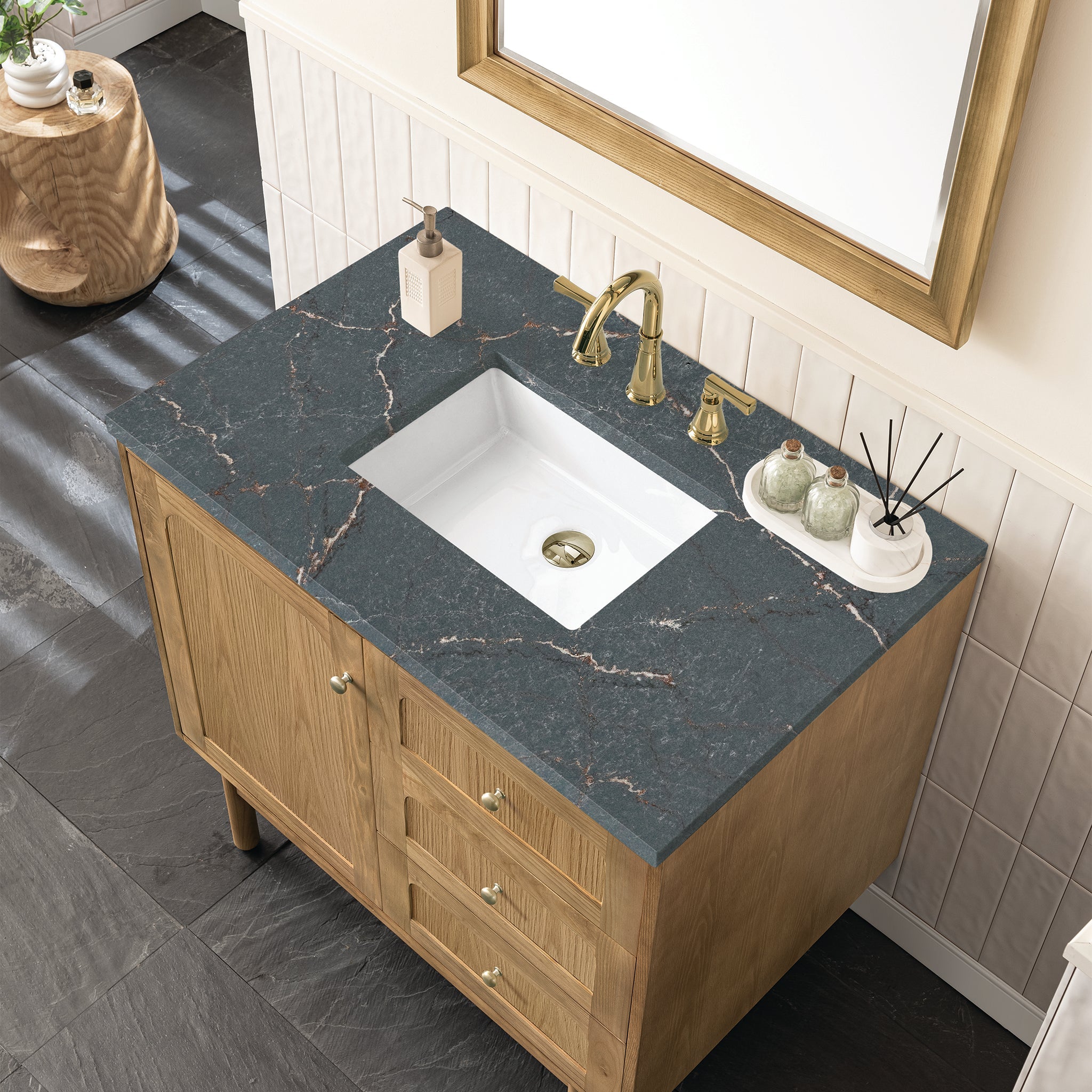 James Martin Laurent 36" Dual Mount Single Bathroom Vanity, Light Natural Oak with Parisien Bleu countertop
