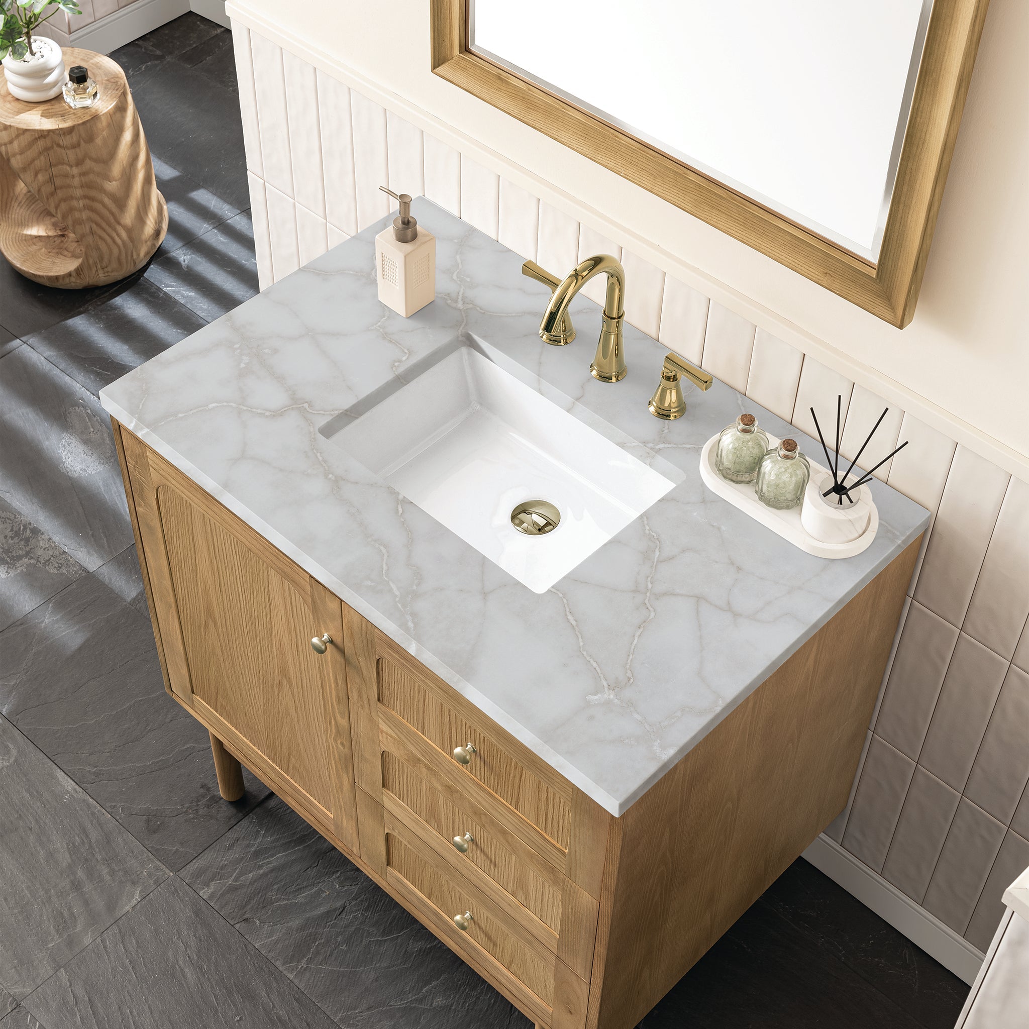 James Martin Laurent 36" Dual Mount Single Bathroom Vanity, Light Natural Oak with Victorian Silver countertop