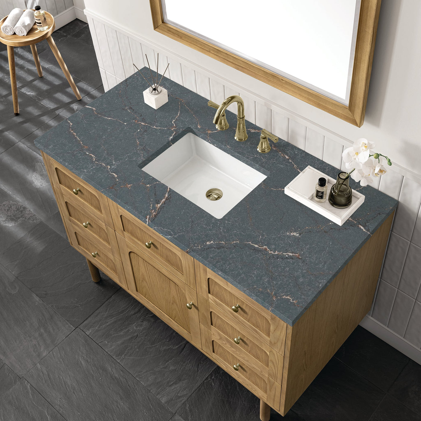 James Martin Laurent 48" Dual Mount Single Bathroom Vanity, Light Natural Oak with Parisien Bleu countertop