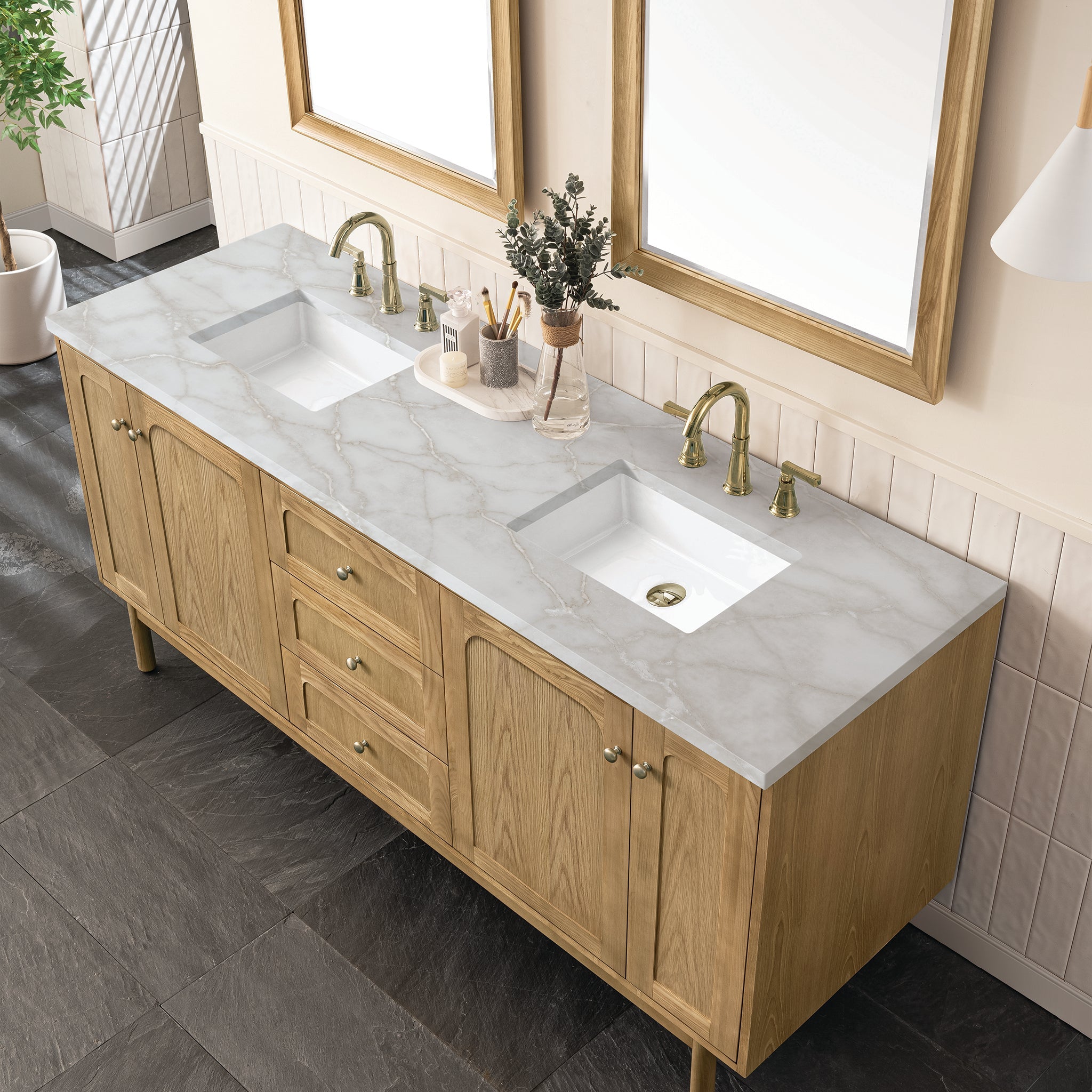 James Martin Laurent 72" Dual Mount Double Bathroom Vanity, Light Natural Oak with Victorian Silver countertop