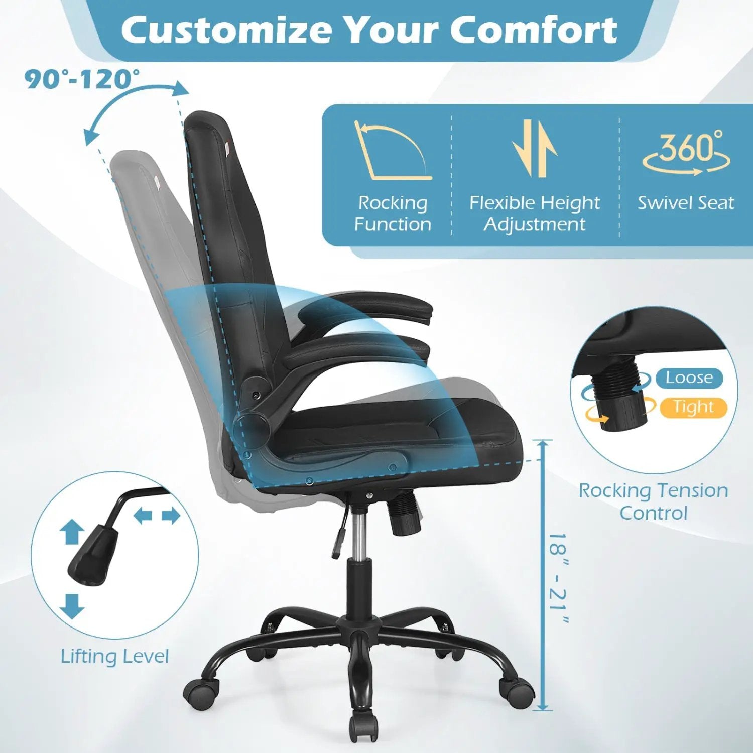 Leather Office Chair Ergonomic Computer Desk Chair with Flip-up Armrests by DirectDeals