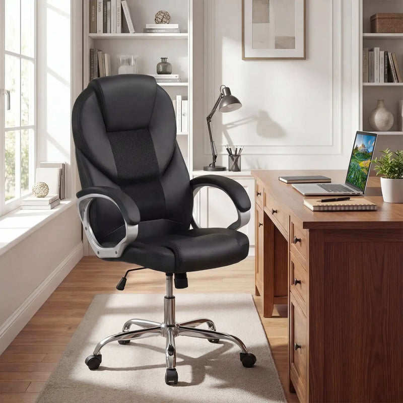 Leather Office Chair Ergonomic Mesh Executive Chair with Padded Armrests and Rocking Backrest by DirectDeals