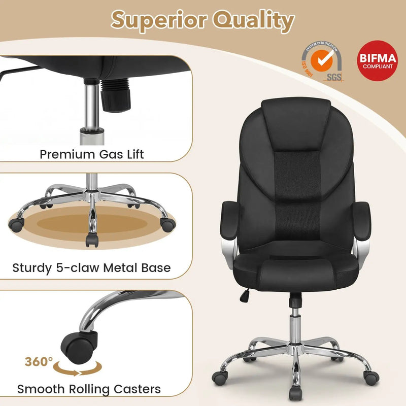 Leather Office Chair Ergonomic Mesh Executive Chair with Padded Armrests and Rocking Backrest by DirectDeals