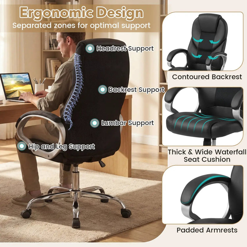 Leather Office Chair Ergonomic Mesh Executive Chair with Padded Armrests and Rocking Backrest by DirectDeals