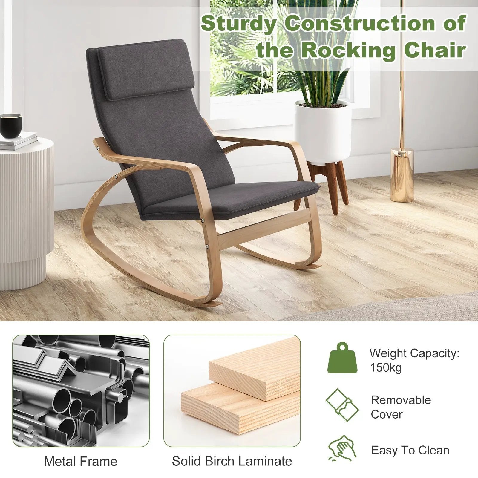 Stable Wooden Frame Leisure Rocking Chair with Removable Upholstered Cushion by DirectDeals