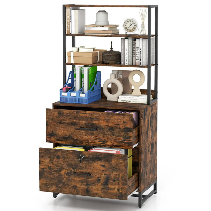 Letter Size Lateral File Cabinet with Lock and Bookshelf-Rustic Brown by DirectDeals