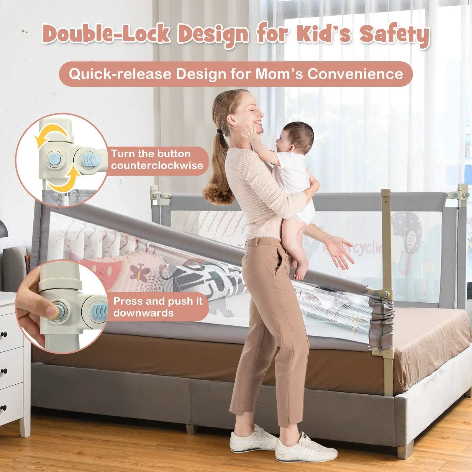 69 Inch Toddlers Vertical Lifting Baby Bedrail Guard with Lock by DirectDeals