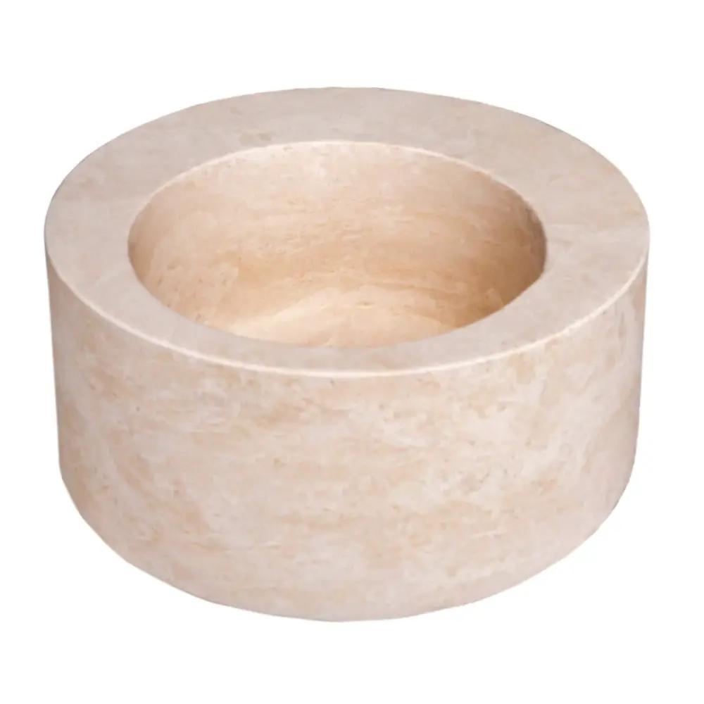 Natural Stone Light Beige Travertine Handcrafted Round Vessel Sink Honed 18 Inch by GobekDesign